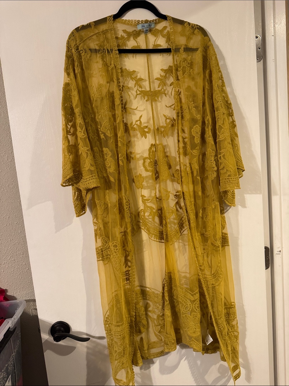 She + Sky Mustard Sheer Embroidered Kimono